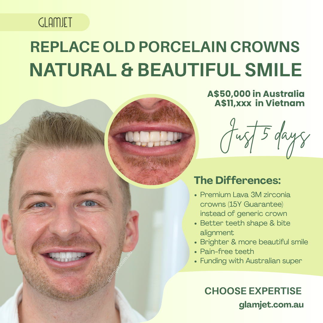 Melbourne executive’s smile makeover with Lava 3M zirconia crowns in Hanoi via Glamjet.com.au saved $40,000 vs local dental costs and paid with Super.
