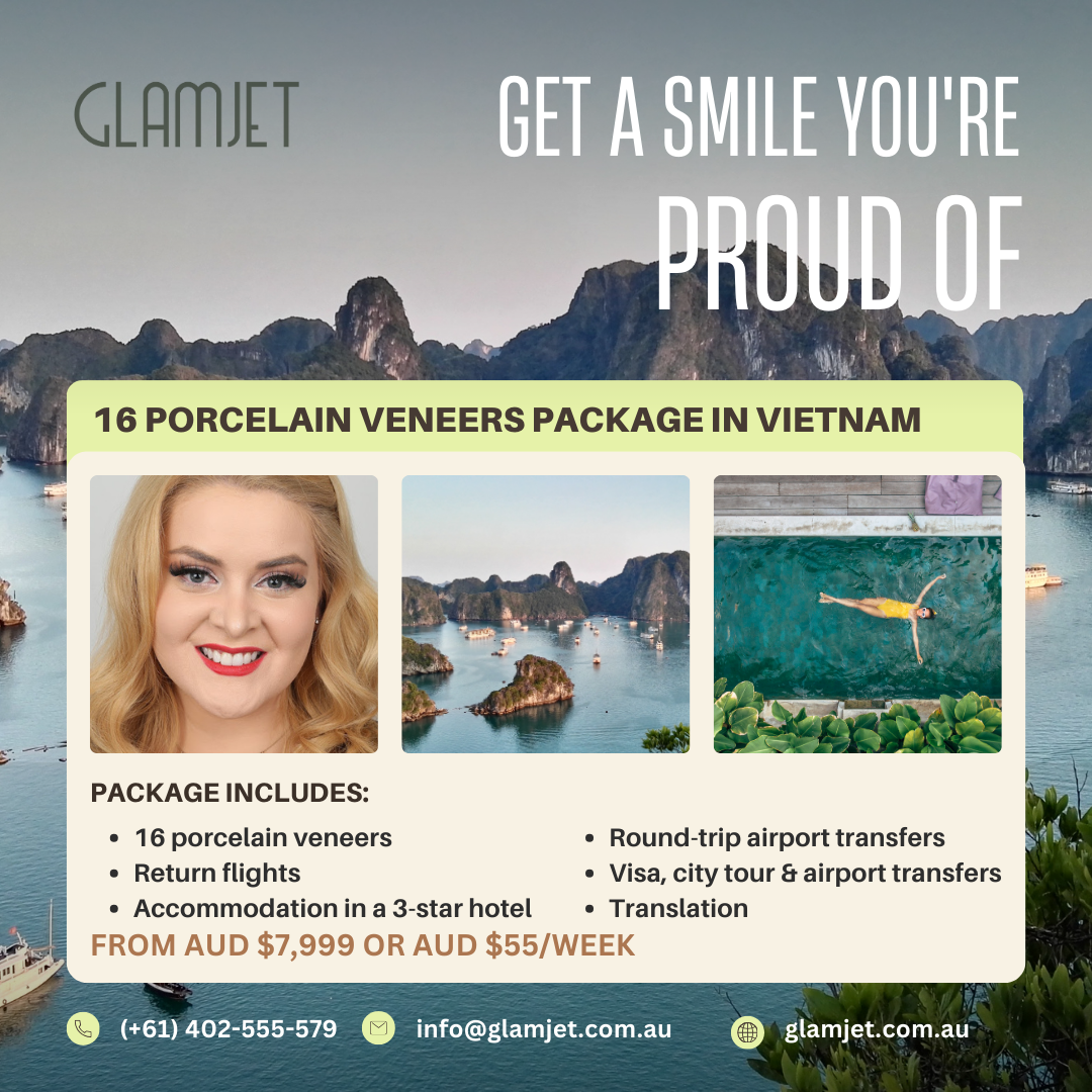 This image shows 16 Emax Ceramic Veneers Packages in Vietnam but most people understand as "porcelain veneers".  This Vietnam dental holiday package make it easy for clients travel to Vietnam for affordable dental treatments at top rated clinics in Hanoi, Ho Chi Minh, Da Nang, Vietnam. Glamjet connect you with the best dentists in Vietnam with international experience treating many Australians, Canadians, Americans, and New Zealanders.