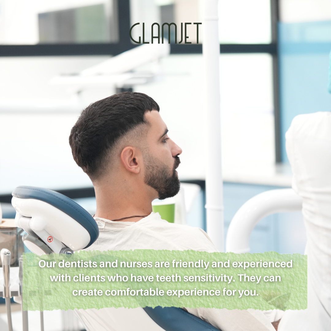 An Australian man sitting in a dental chair at a dental clinic in Hanoi, Vietnam before receiving porcelain veneers and zirconia crowns treatments. He was able to find the best dental clinic in Vietnam by booking with Glamjet.com.au which is a medical tourism booking platform helping many Australians, New Zealand, Americans change their smiles and using early release of super.