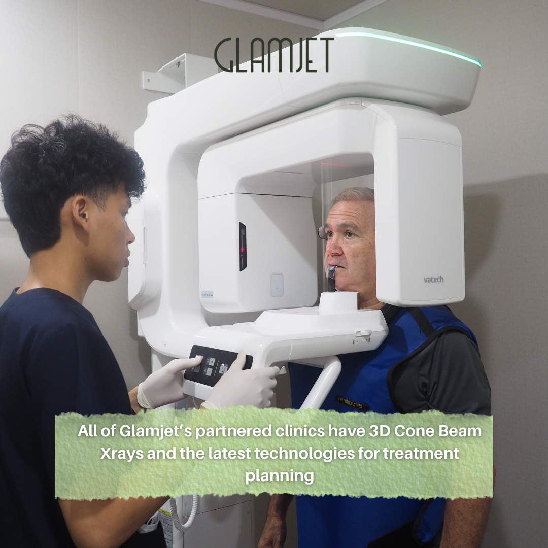 An Australian man undergoing3D Cone Beam X-ray scan before a smile makeover with porcelain zirconia crowns and dental implants at the best dental clinic in Ho Chi Minh, Vietnam with Glamjet.com.au which is a medical tourism booking platform helping many Australians, New Zealand, Americans change their smiles