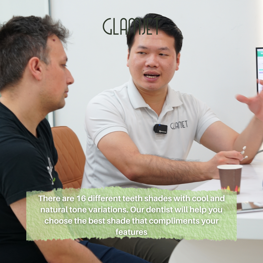 Two men sitting at a dental clinic in Ho Chi Minh. An Australian man wants to change his smile. While a consultant from Glamjet.com.au explains different teeth shades and shapes for Australian client. Glamjet.com.au is a leading medical tourism booking platform helping many Australians, New Zealand, Americans change their smiles in Vietnam and Thailand with attractive porcelain veneer and zirconia crowns packages.