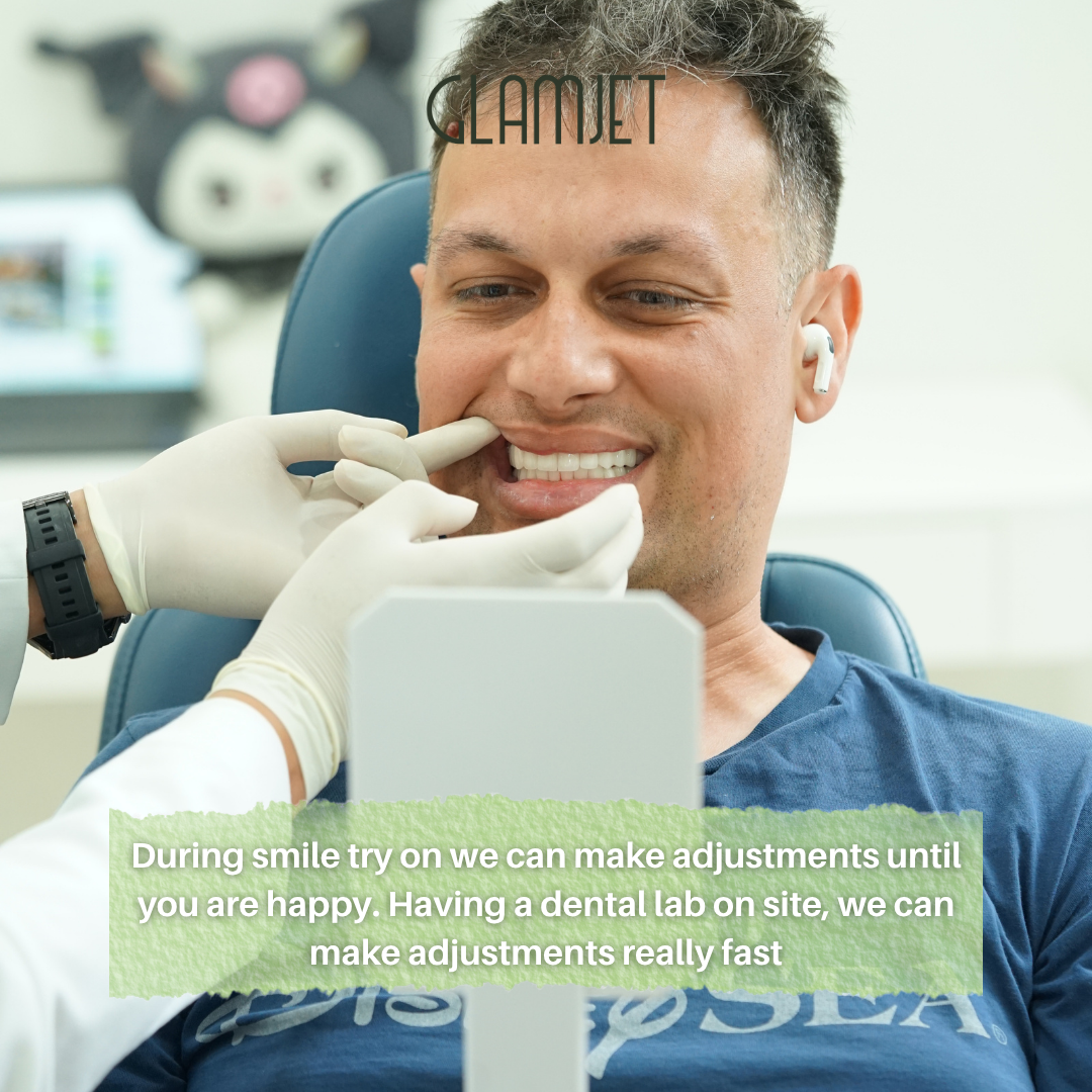 An Australian man receiving dental treatment in Vietnam. He is trying on his new smile before final placement. Booking his smile makeover in Vietnam, glamjet.com.au work with clinics with on-site dental labs. In case of adjustments, they can be done within 1-2 hours. This helps speed up the process. Clients don't have to miss or reschedule flights.