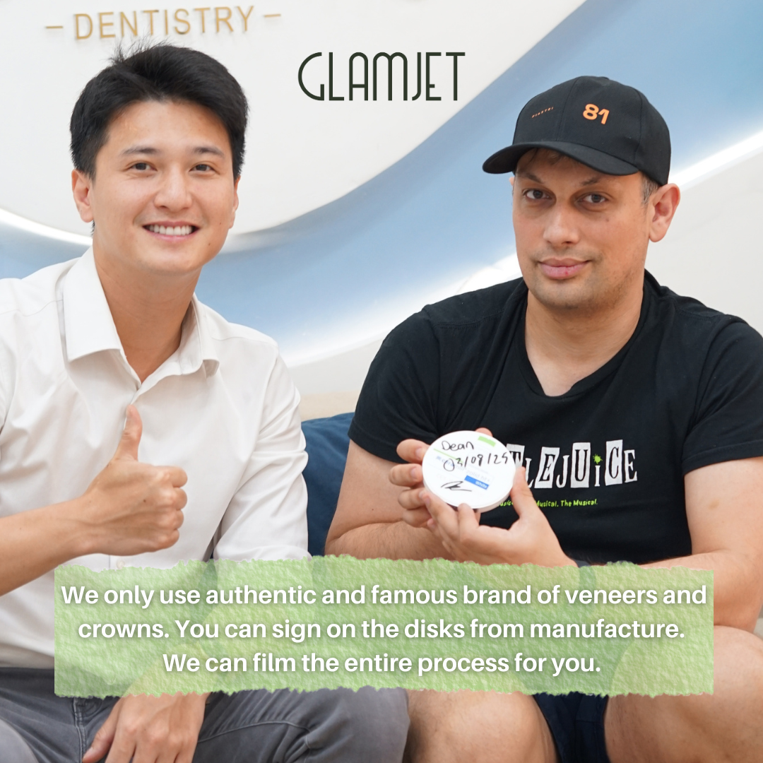 Two men sitting next to each other at a dental clinic in Ho Chi Minh city. An Australian client holds a disk of zirconia with his name and signature on it. With glamjet.com.au , Australian clients can feel confident that they get dental treatments with world class products and quality in Vietnam. Cheaper doesn't mean lesser quality.