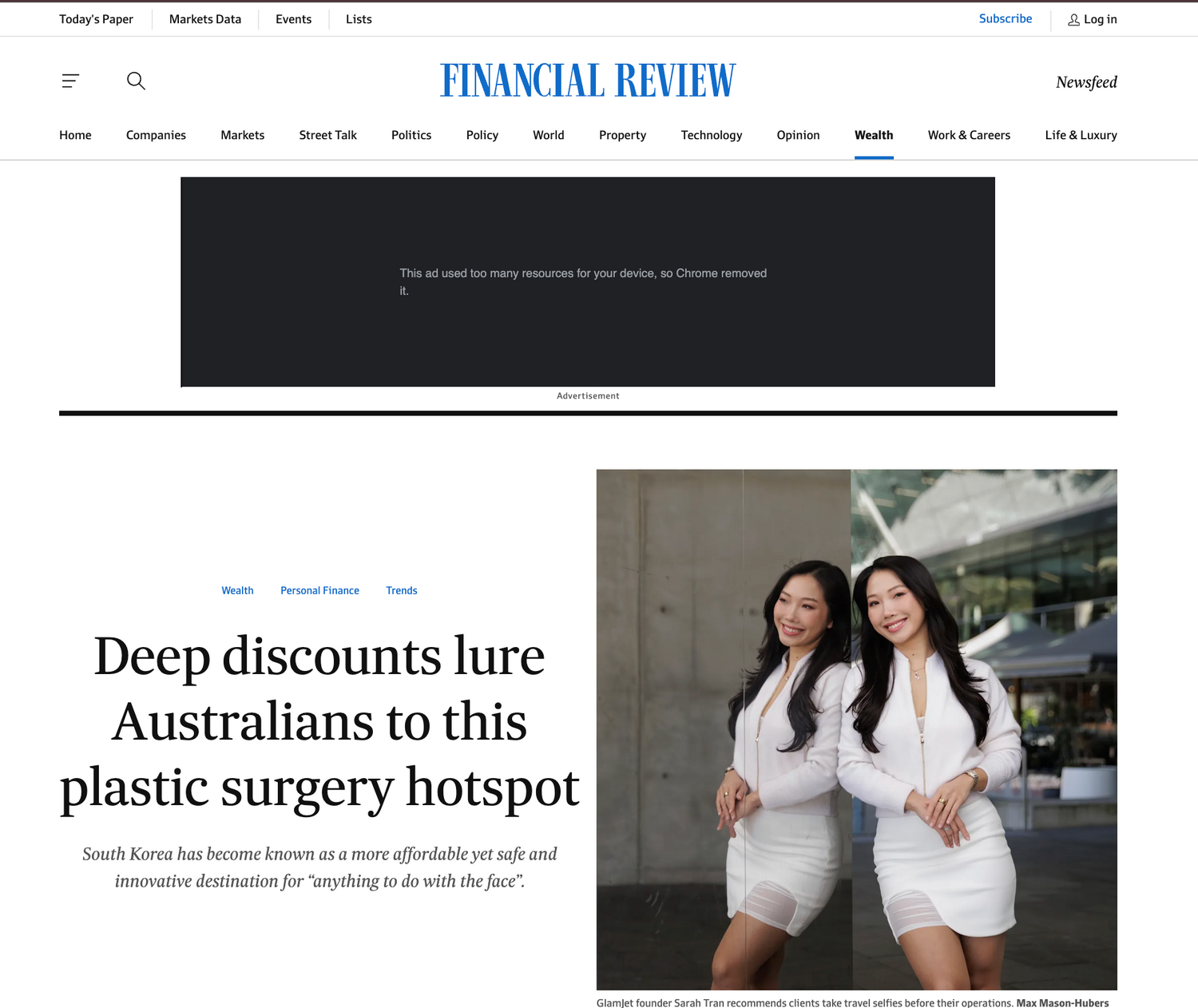 Financial Review website with a headline about plastic surgery in South Korea. An article write up about cosmetic surgery trend to South Korea