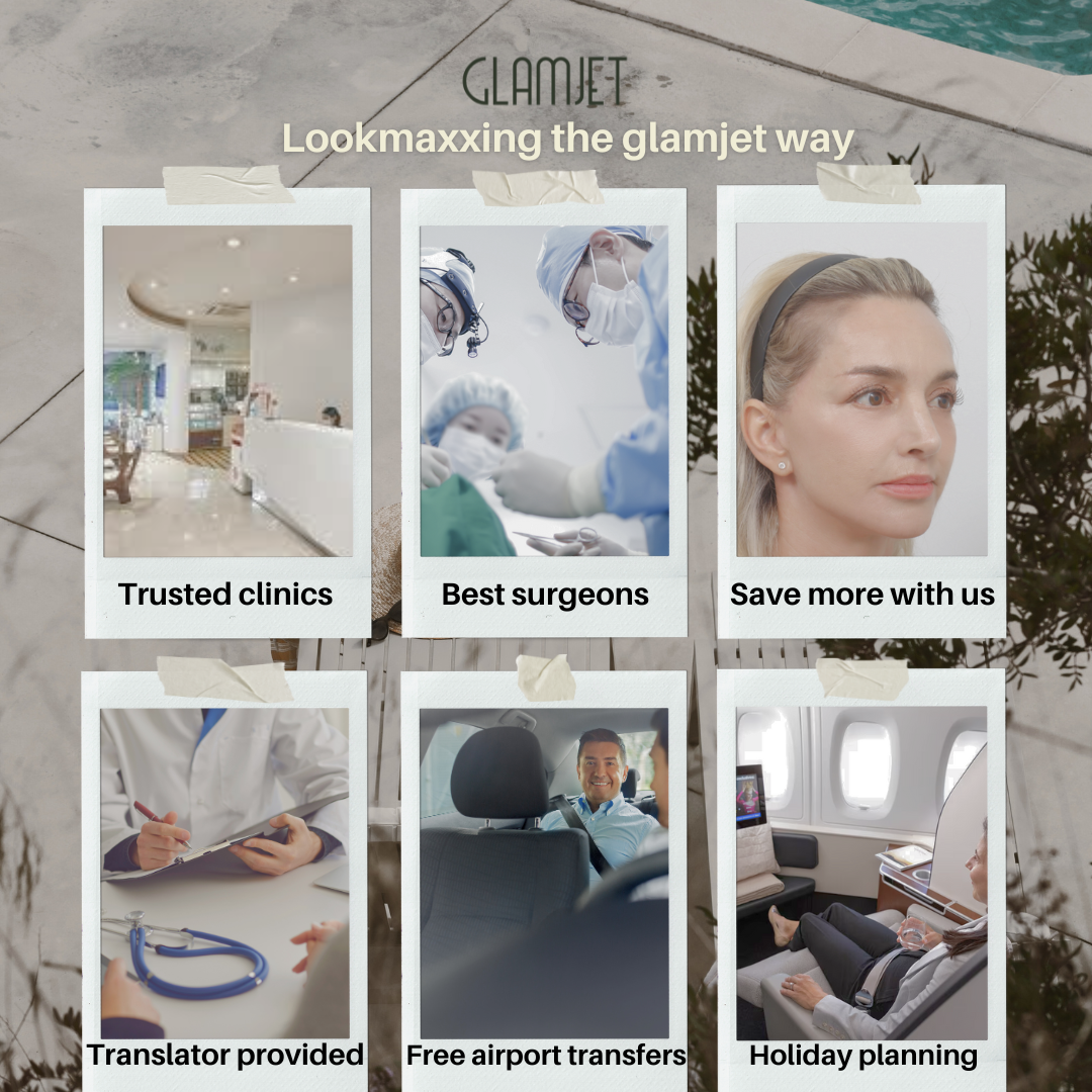 This image show different services that top rated Medical Tourism Conceirge Service, Glamjet, provide for international clients travelling to Seoul, South Korea for beauty, dental, medical, and plastic surgery treatments. Glamjet makes online booking process for treatments and procedures easy and seamless with translation service, free airport transfers, holiday planning, payment plans, and connections to the best surgeons and doctors and top rated clinics. Famous for face lift, rhinoplasty, blepharoplasty