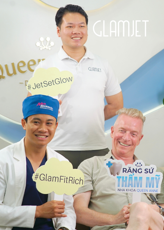Australian man from Gold Coast showing confident smile after All-on-4 dental implants, porcelain crowns, and minimal prep porcelain Emax veneers in Vietnam. His implant journey was coordinated by glamjet.com.au, Australia's leading platform for affordable dental implant holidays abroad. Glamjet.com.au is Melbourne based serving clients from around the world looking for high quality smile makeover at great value in Vietnam, Thailand, and South Korea. He saved up to 70% compare with prices in Gold Coast 