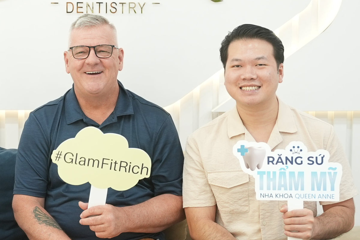 An Australian client sitting on the couch smile happily after a all-on-6 implants revision case in Hanoi Vietnam with glamjet.com.au . Glamjet.com.au is a dental tourism booking platform operating concierge service which help hundreds of Australian arrange safe, smooth, and curated smile makeover in Vietnam. They connect Australians, New Zealand, and American clients with leading dentists and accredited clinics for dental implants, all-on-6 dental implants, all-on-4 dental implants, 3 on 6 dental implants. 