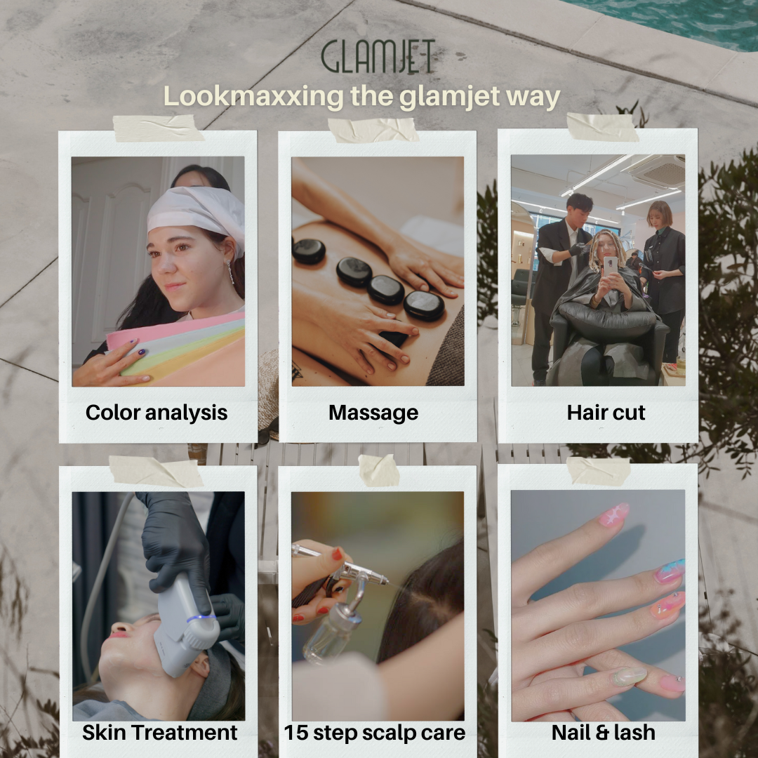 This image shows different beauty treatments that a client can get while glamjet to South Korea on a beauty and medical tourism holiday. Booking color analysis, massage, hair cut, skin treatments, 15 step scalp care, manicure and eyelash extension easy and seamless. Glamjet to South Korea and you'll get the best beauty treatments with affordable prices.