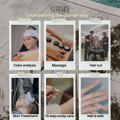 This image shows different beauty treatments that a client can get while glamjet to South Korea on a beauty and medical tourism holiday. Booking color analysis, massage, hair cut, skin treatments, 15 step scalp care, manicure and eyelash extension easy and seamless. Glamjet to South Korea and you'll get the best beauty treatments with affordable prices.