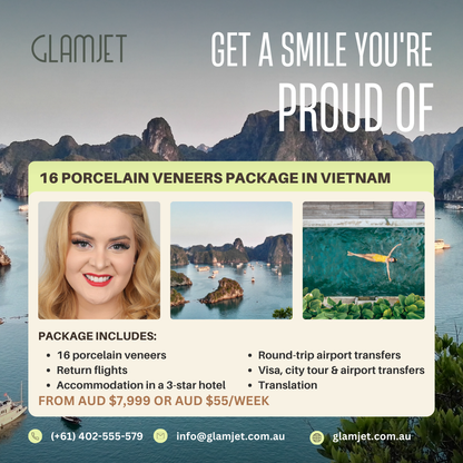 This image shows 16 Emax Ceramic Veneers Packages in Vietnam but most people understand as "porcelain veneers".  This Vietnam dental holiday package make it easy for clients travel to Vietnam for affordable dental treatments at top rated clinics in Hanoi, Ho Chi Minh, Da Nang, Vietnam. Glamjet connect you with the best dentists in Vietnam with international experience treating many Australians, Canadians, Americans, and New Zealanders. 