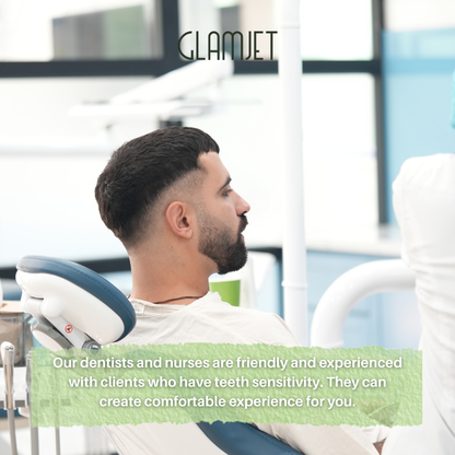 An Australian man sitting in a dental chair at a dental clinic in Hanoi, Vietnam before receiving porcelain veneers and zirconia crowns treatments. He was able to find the best dental clinic in Vietnam by booking with Glamjet.com.au which is a medical tourism booking platform helping many Australians, New Zealand, Americans change their smiles and using early release of super. 