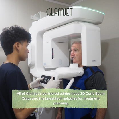 An Australian man undergoing3D Cone Beam X-ray scan before a smile makeover with porcelain zirconia crowns and dental implants at the best dental clinic in Ho Chi Minh, Vietnam with Glamjet.com.au which is a medical tourism booking platform helping many Australians, New Zealand, Americans change their smiles 